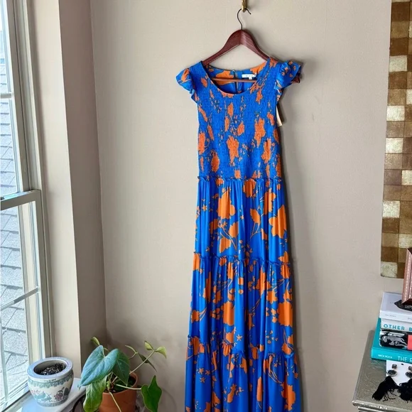 Anthropologie Blue Maxi Dress with Flutter Sleeves and Crew Neck - Picture 2 of 8